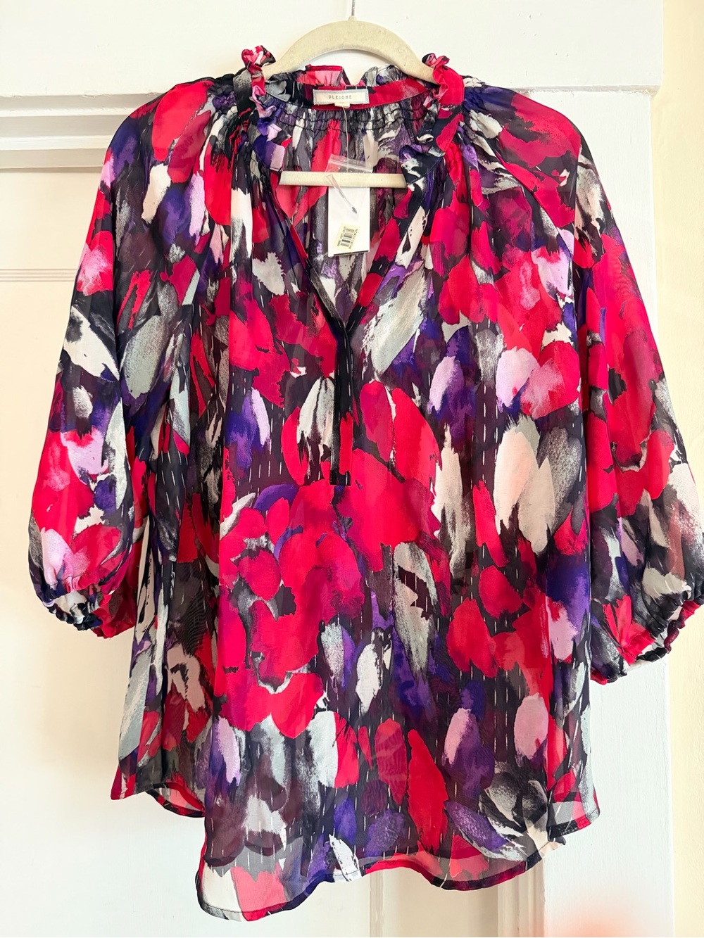 Pleione Vibrant Floral Ruffled Neck Blouse - Red/Purple/White